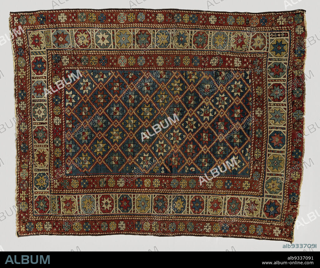 Floral rug, DAGHESTAN, KARABAGH or SOUTH SHIRWAN, Floral rug, Daghestan, Karabagh or South Shirwan. Midfield: the field is divided by a latticework in pale yellow into blue lozenges in which are brown edged stars arranged S-diagonally by color in white, turquoise green, red and ochre yellow. The yellow grid has red outlines and checks at the nodes. Edges: triple. The middle and widest is divided into white squares with stars standing within octagons. The inner and outer hems are equal, with dark red fond with loose rosette flowers., maker: anonymous, Kaukasus, 1880 - 1900, wool, height 146 cm × width 112 cm.