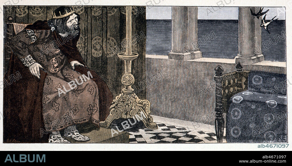 Deux hirondelles apportent un cheveu d'or dans la salle du trone, a la cour du roi Marc, qui decide de prendre pour femme celle a qui appartient le cheveu. Tristan se met en quete de la 'belle aux cheveux d'or'. Illustration par Robert ENGELS (1866-1926) pour le Roman de Tristan et Iseul, edition de 1939. Credit : Collection KHARBINE-TAPABOR.