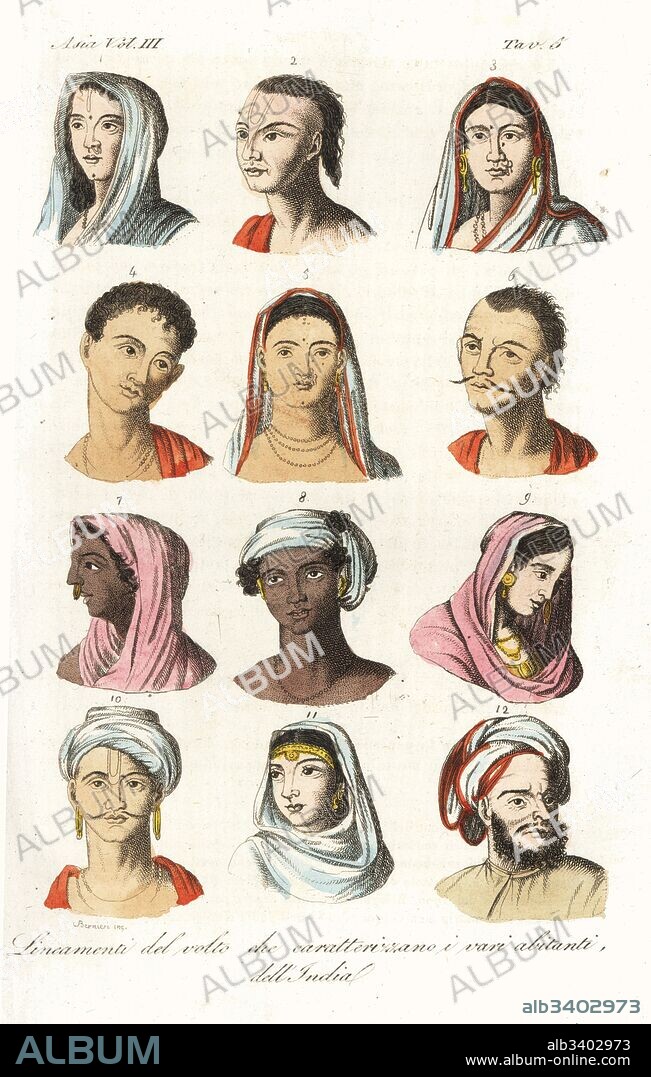 Portraits of different Indian castes: Brahmins 1,2, Kshatriyas or Khatri, Punjabi mercantile caste 3,4, Vaisyas 5,6, Sudras 7,8, Hindus of upper India 9,10, and Mughals 11,12. Handcoloured copperplate engraving by Andrea Bernieri after Francois Solvyns from Giulio Ferrario's Ancient and Modern Costumes of all the Peoples of the World, Florence, Italy, 1844.
