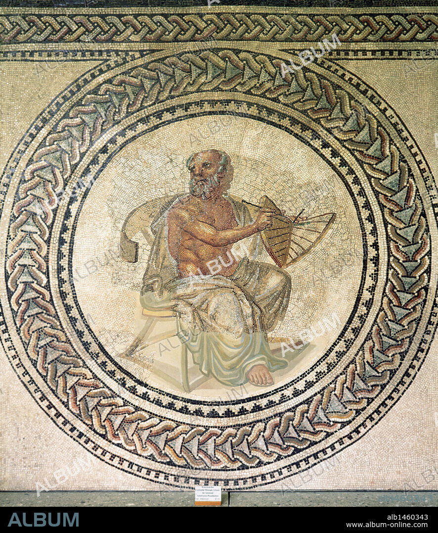 Anaximander (610- 546 BC). Pre-Socratic Greek philosopher who lived in Miletus. He belonged to the Milesian school and learned the teachings of his master Thales. Anaximandder with a sundial. Roman mosaic. 3rd century. Landesmuseum. Trier. Germany.