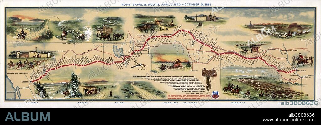 Entitled: "Map of Pony Express Route by William Henry Jackson." The Pony Express mail route, April 3, 1860 - October 24, 1861; Reproduction of Jackson illustration issued to commemorate the 100th anniversary of Pony Express founding on April 3, 1960. Reproduction of Jackson's map issued by the Union Pacific Railroad Company. The approximately 1,900 mile route roughly followed the Oregon and California Trails to Fort Bridger in Wyoming, and then the Mormon Trail (known as the Hastings Cutoff) to Salt Lake City, Utah. From there it followed the Central Nevada Route to Carson City, Nevada before passing over the Sierra into Sacramento, California. The Pony Express was a mail service delivering messages, newspapers, mail, and small packages from St. Joseph, Missouri, across the Great Plains, over the Rocky Mountains and the Sierra Nevada to Sacramento, California, by horseback, using a series of relay stations. During its 18 months of operation, it reduced the time for messages to travel between the Atlantic and Pacific coasts to about 10 days. From April 3, 1860, to October 1861, it became the West's most direct means of east-west communication before the telegraph was established and was vital for tying the new state of California with the rest of the country. The Pony Express was a mail-delivery system of the Leavenworth and Pike's Peak Express Company of 1859, which in 1860 became the Central Overland California and Pikes Peak Express Company.