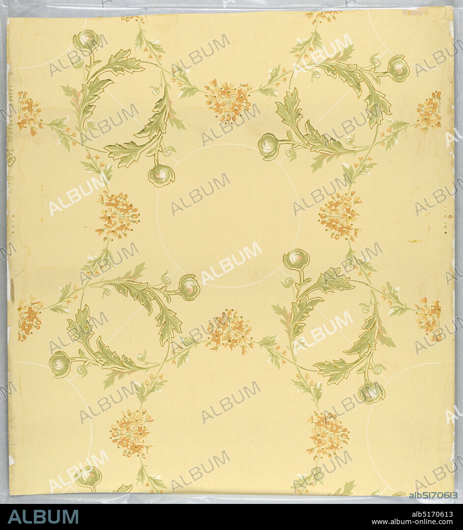 Ceiling paper, Machine-printed paper, liquid mica, Conventional floral design in green and rust color on tan ground, white circles and lines, mica finish., USA, 18901900, Wallcoverings, Ceiling paper.