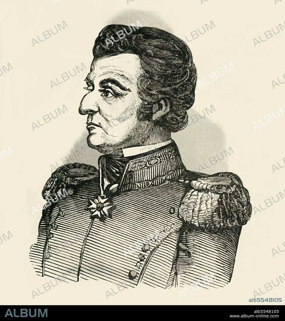 UNKNOWN. 'General Bustamente', 1849. Mexican soldier and politician Anastasio Bustamante y Oseguera served as president of Mexico three times, and participated in the Mexican War of Independence. From "Pictorial History of Mexico and the Mexican War", by John Frost, LL.D.. [Thomas, Cowperthwait and Co., Philadelphia, 1849].