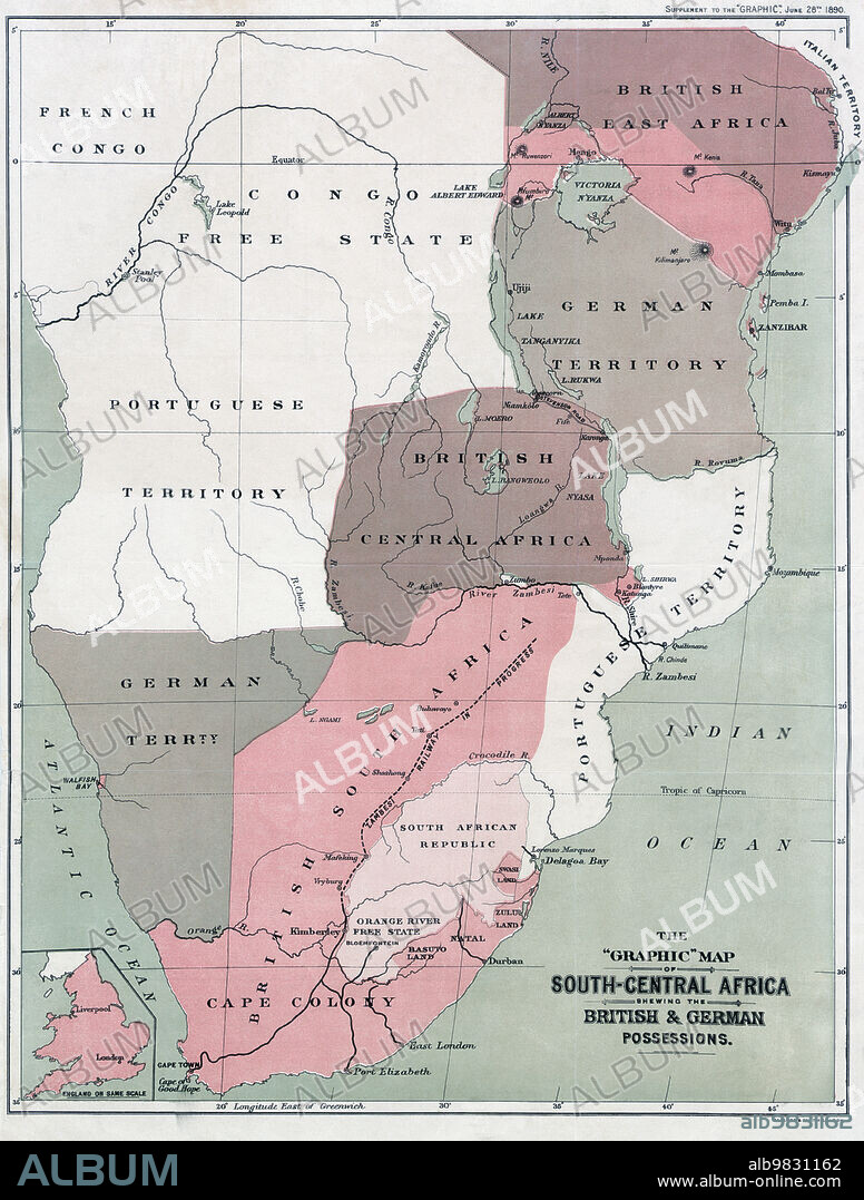 Map of south-Central Africa showing British and German possessions in the 1890s. After a map published in the June 25th, 1890 edition of The Graphic. The inset map, lower left, shows England on the same scale as the African map.
