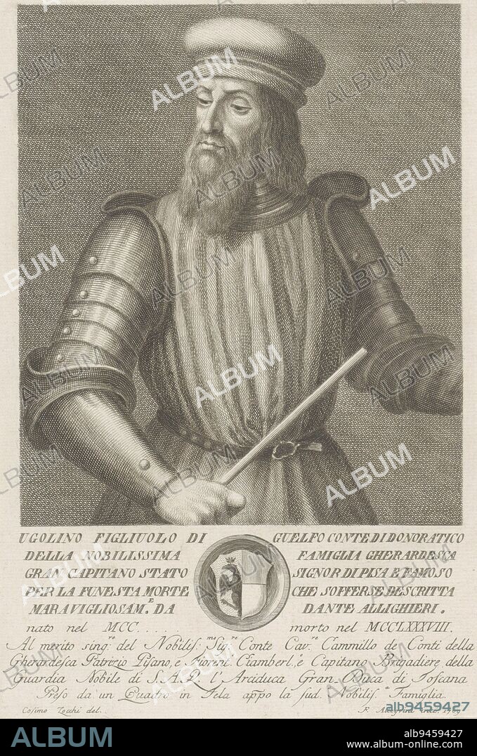 Portrait of Ugolino della Gherardesca in the lower half Below the portrait a text in Italian and a coat of arms in a circular frame, Portrait of Ugolino della Gherardesca, print maker: Francesco Allegrini, (mentioned on object), intermediary draughtsman: Cosimo Zocchi, (mentioned on object), Camillo della Gherardesca, (mentioned on object), Italy, 1769, paper, engraving, h 300 mm × w 200 mm.