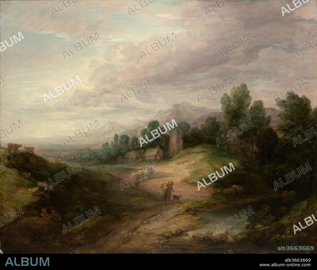 Wooded Upland Landscape. Artist: Thomas Gainsborough (British, Sudbury 1727-1788 London). Dimensions: 47 3/8 x 58 1/8 in. (120.3 x 147.6 cm). Date: probably 1783.
Gainsborough was a born draftsman and in his early years made many drawings after nature, but he was uninterested in the English tradition of topographical painting. This idyllic imaginary landscape and the chalk sketch on which it is based were probably composed in the artist's London studio in 1783.