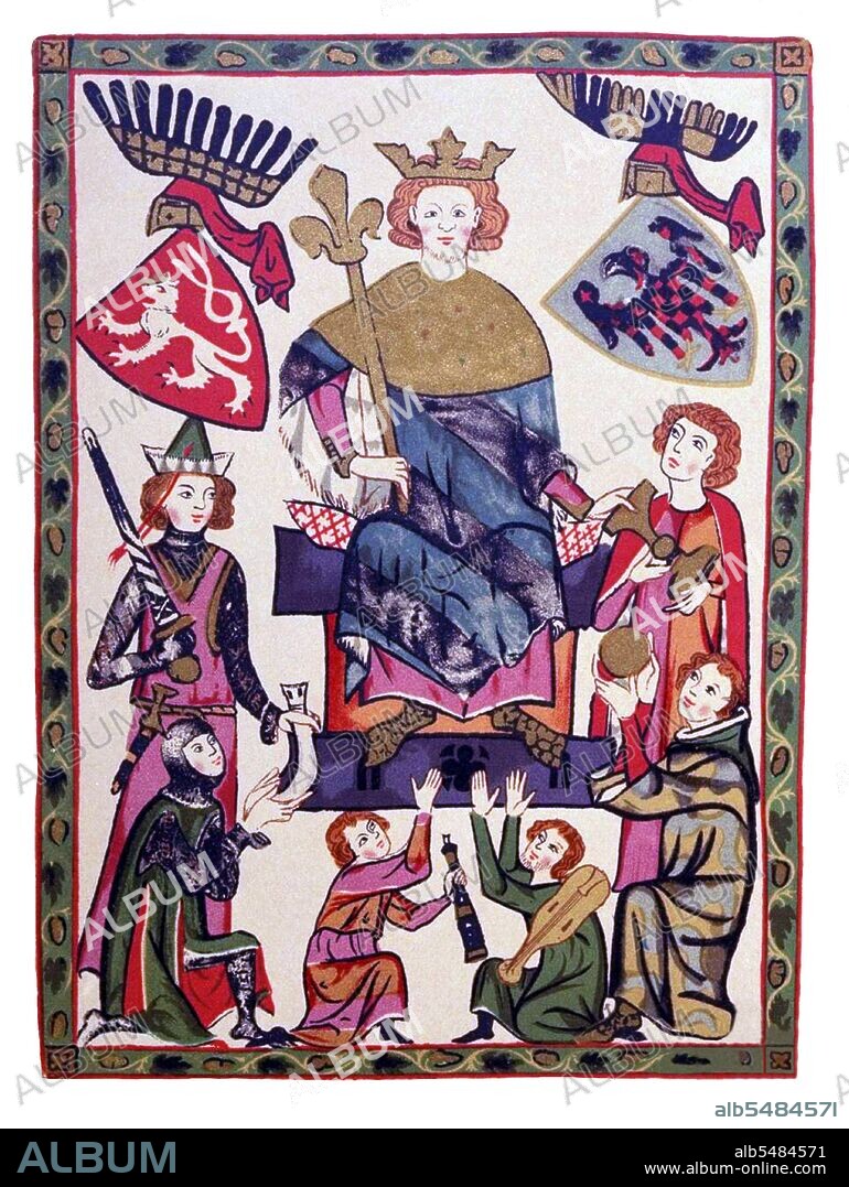 Wenceslaus I (Czech: Václav; c. 907 – September 28, 935), or Wenceslas I, was the duke (kníže) of Bohemia from 921 until his assassination in 935, purportedly in a plot by his own brother, Boleslav the Cruel. His martyrdom, and the popularity of several biographies, quickly gave rise to a cult-like following and reputation of superhuman goodness, resulting in his being elevated to Sainthood, posthumously declared king, and seen as the patron saint of the Czech state. He is even the subject of a Christmas carol written in 1853 that remains popular to this day, Good King Wenceslas. The Codex Manesse, Manesse Codex, or Große Heidelberger Liederhandschrift is a Liederhandschrift (medieval songbook), the single most comprehensive source of Middle High German Minnesang poetry, written and illustrated between ca. 1304 when the main part was completed, and ca. 1340 with the addenda. The codex was produced in Zürich , for the Manesse family.