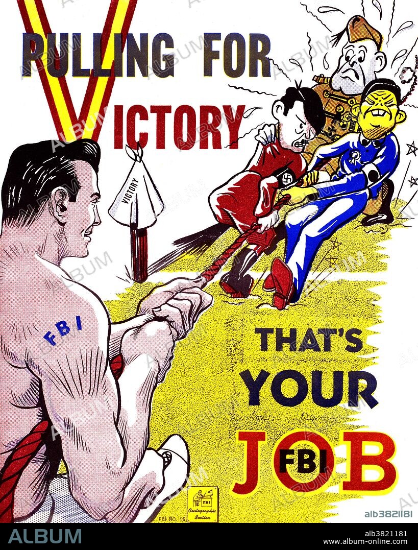 Security poster by Leo Gauthier, "Pulling for Victory... That's your FBI job". The Federal Bureau of Investigation (FBI) is the domestic intelligence and security service of the United States, which serves as the nation's prime federal law enforcement agency. Operating under the jurisdiction of the Department of Justice, the FBI is a member of the U.S. Intelligence Community and reports to both the Attorney General and the Director of National Intelligence. In the 1940s the bureau investigated cases of espionage against the United States and its allies. Eight Nazi agents who had planned sabotage operations against American targets were arrested, and six were executed under their sentences.