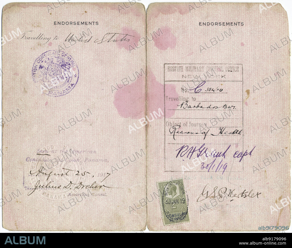 Caltilda Downes: Barbados Passport, interior, 1919. Stamped by the British Consulate General in Panama, and the British Military Control Office in New York. 'Travelling to: United States...Seen at the American Consulate of Colon, Panama, August 25, 1917, Julius D. Dreher, American Consul...Travelling to: Barbados BWI [British West Indies]; Object of Journey: Reasons of Health'.