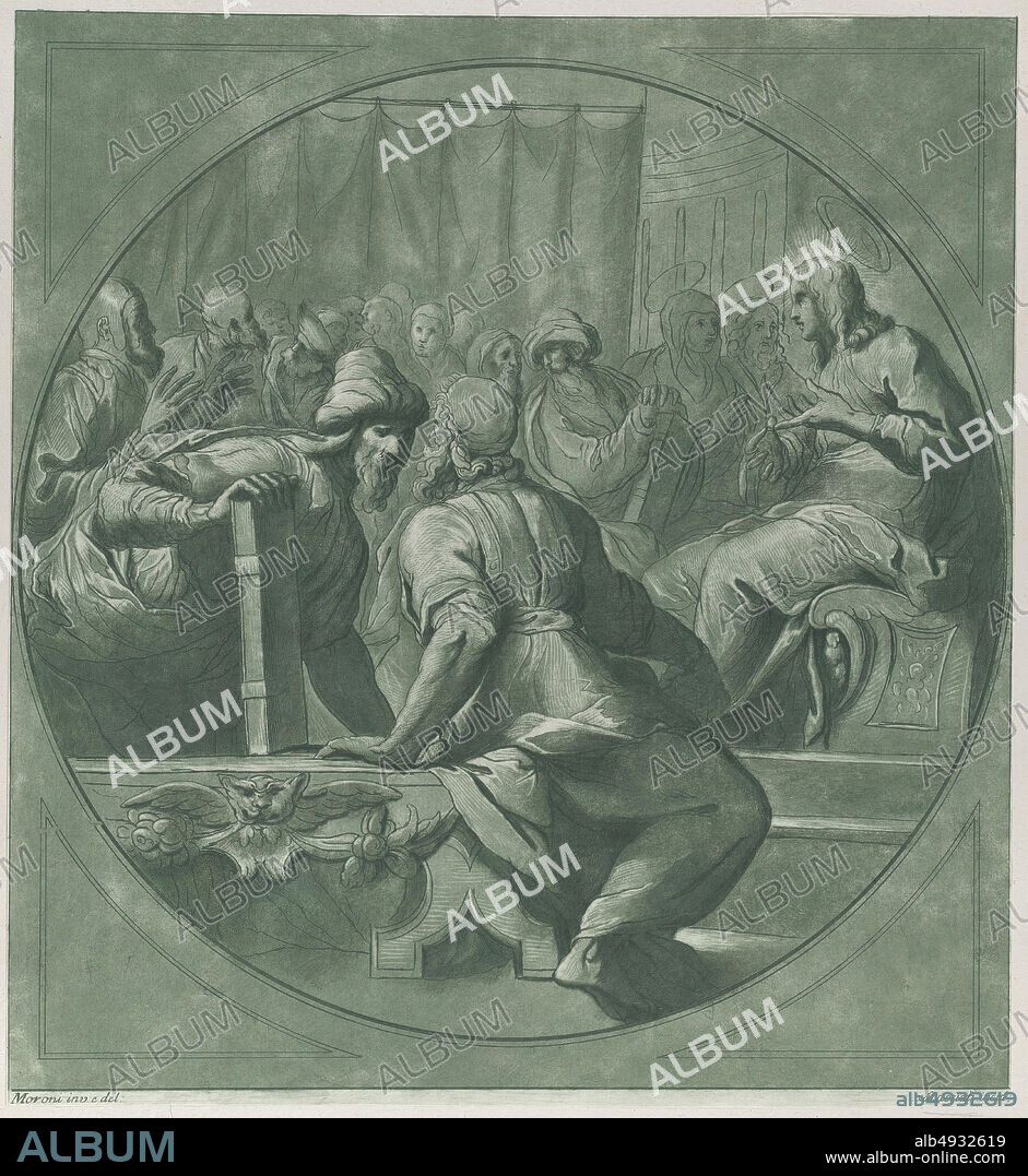 Andrea Scacciati, Christ confounding the doctors, Andrea Scacciati (Italian, 17251771), After Giovanni Battista Moroni (Italian, Albino, no later than 15241578 Albino), 175070, Etching and aquatint in green ink, Sheet (Trimmed): 16 7/16 × 15 1/8 in. (41.7 × 38.4 cm), Prints.