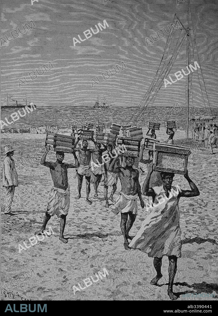 Dahomey, today Benin: discharge of a ship on the beach, Woodcut from 1892.