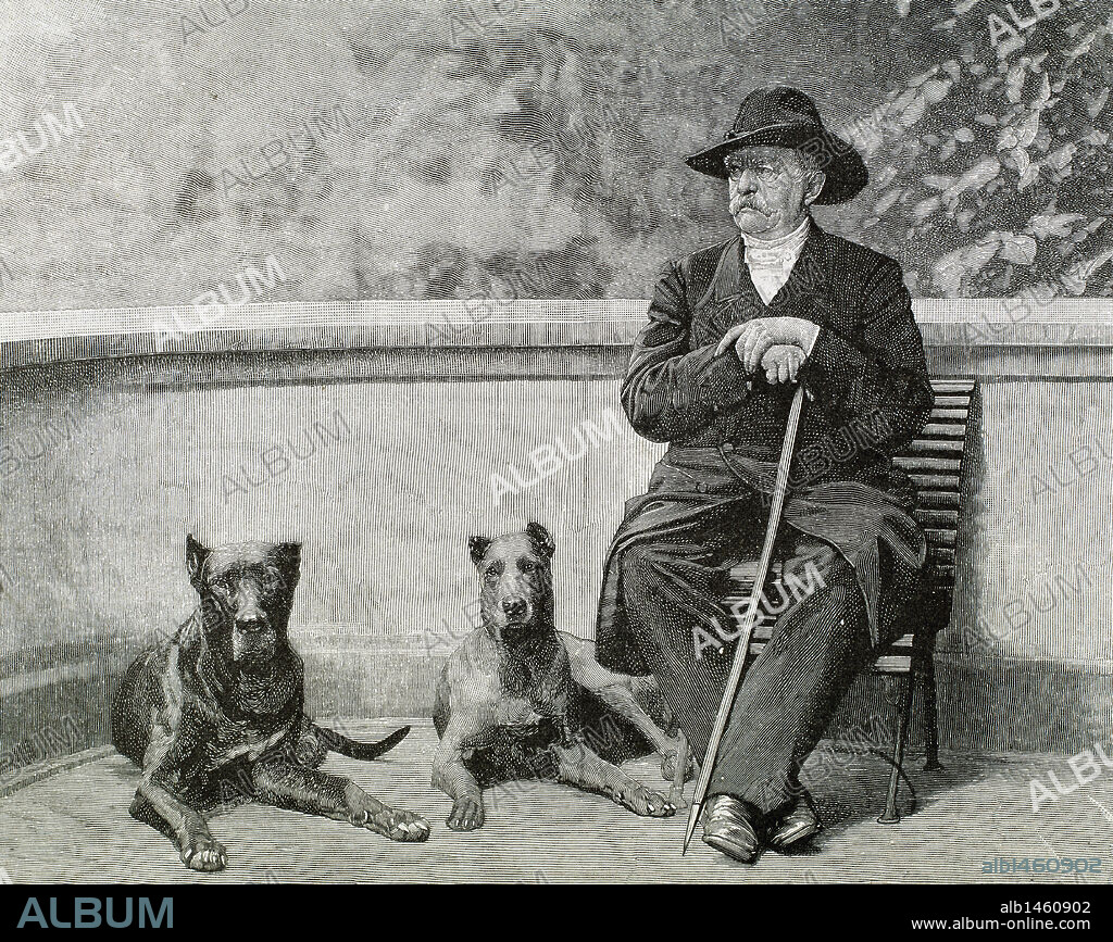 OTTO-LEOPOLD, PRINCIPE DE BISMARCK (1815-1898). estadista alemán. Canciller del Imperio en 1871. "BISMARCK Y SUS PERROS DANESES EN FRIEDRICHSRUHE".