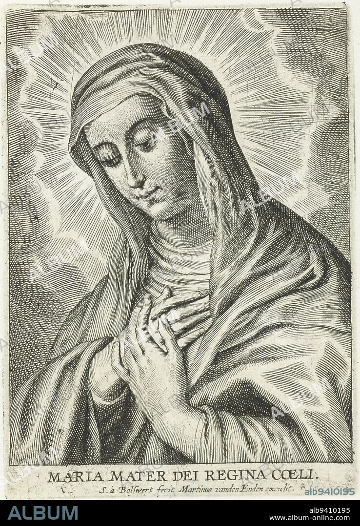 Maria mater dei regina coeli (title on object) V, print maker: Schelte Adamsz. Bolswert, (mentioned on object), Peter Paul Rubens, publisher: Martinus van den Enden, (mentioned on object), 1596 - 1659, paper, engraving, h 128 mm × w 93 mm.