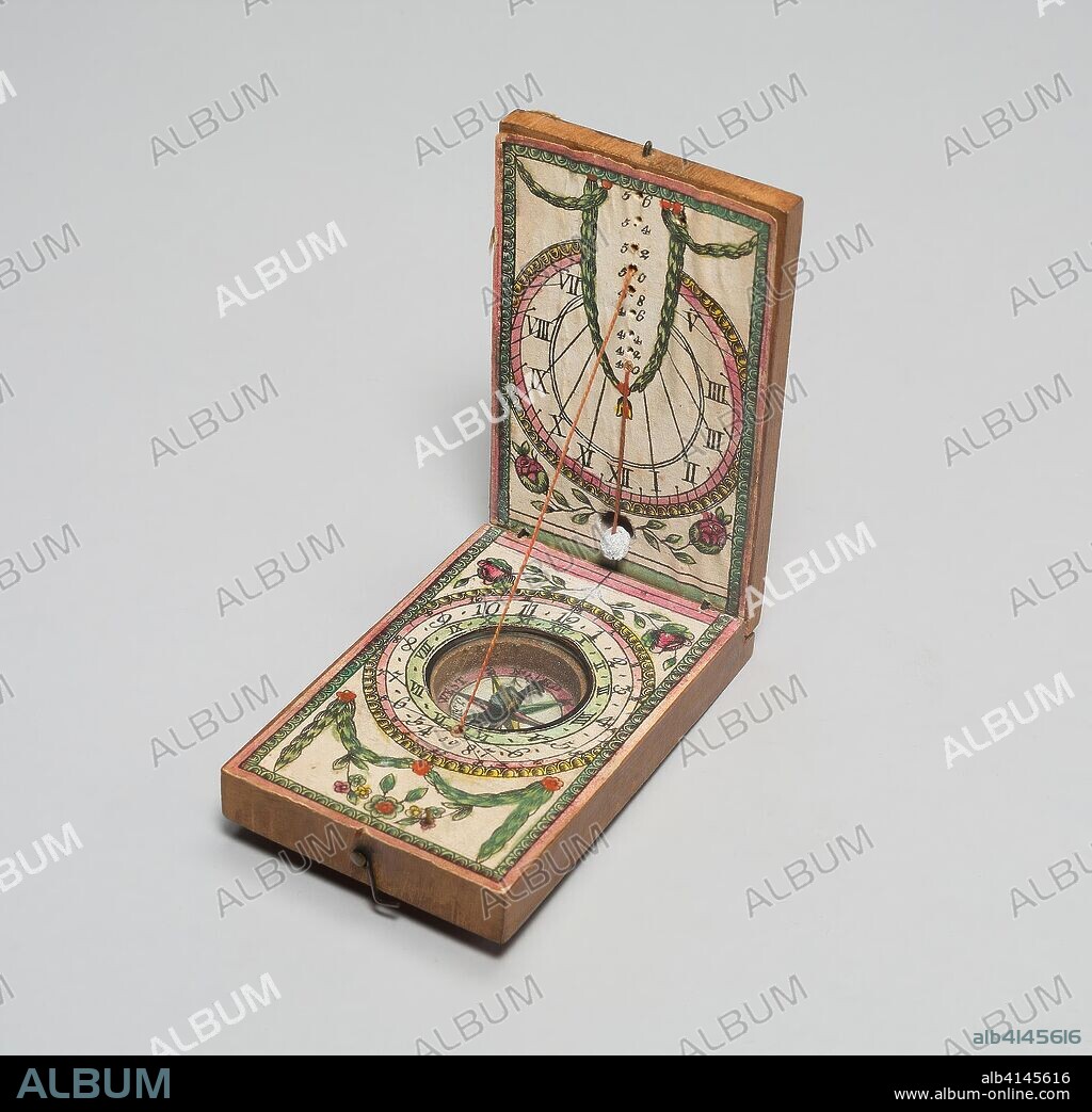 Portable Compass Sundial. J. Kleininger; German, late 18th to 19th century; Germany. Date: 1785-1795. Dimensions: 8.7 x 5.2 cm (3 7/16 x 2 1/16 in.). Wood, hand-colored etching on paper, and glass with string gnomon. Origin: Germany.