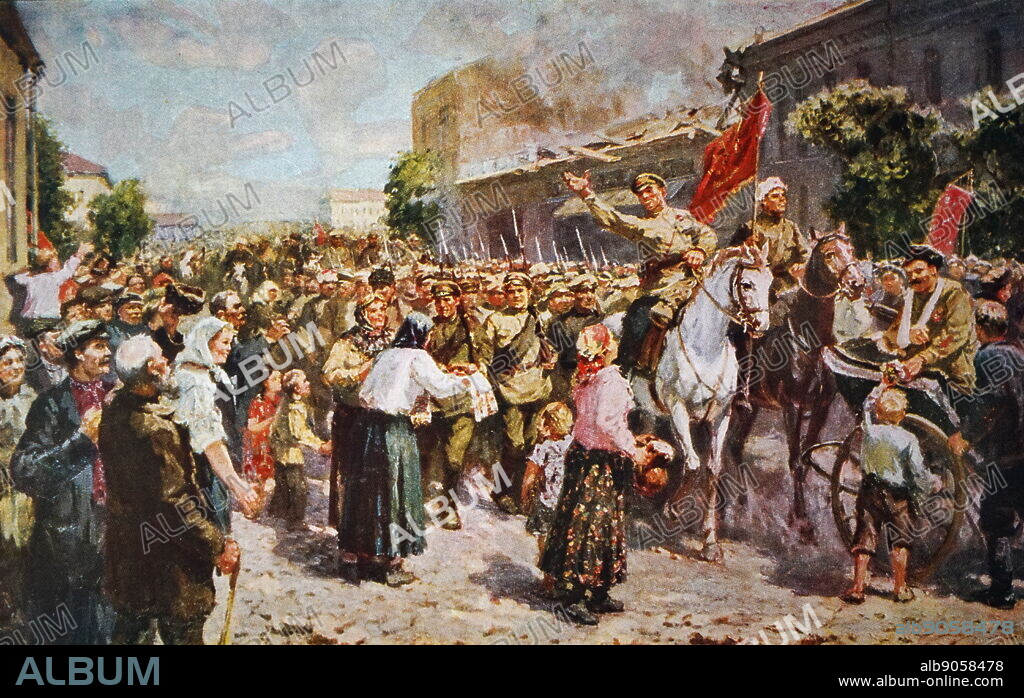 The population of Minsk greets the Glorious Red Army during the Russian Civil War. From a painting by G.