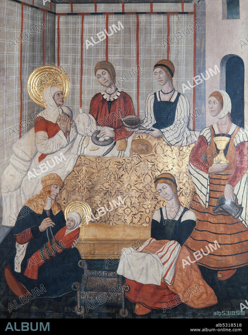 PEDRO GARCÍA DE BENAVARRE. Taller de Pedro García de Benabarre / 'Nacimiento de la Virgen', ca. 1475, Temple sobre tabla, 127 x 93,5 x 7,3 cm.