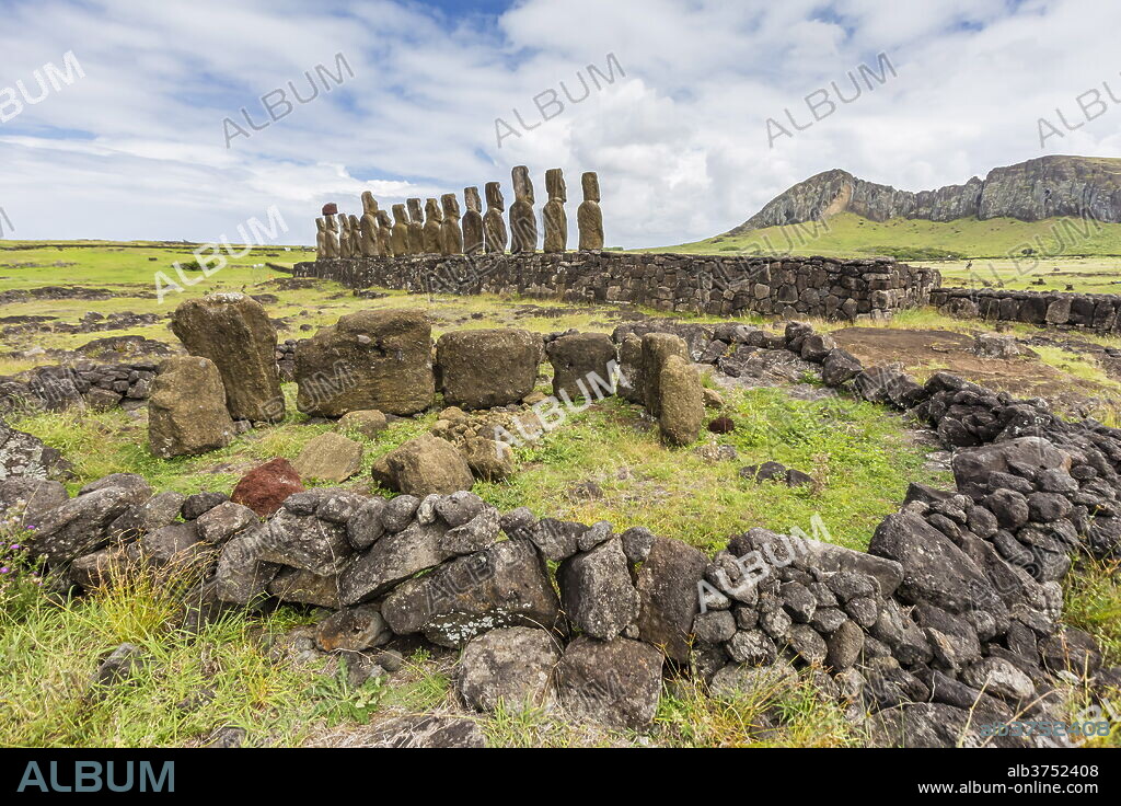Partial moai heads in a circle at the 15 moai restored ceremonial site of Ahu Tongariki, Rapa Nui National Park, UNESCO World Heritage Site, Easter Island (Isla de Pascua), Chile, South America.