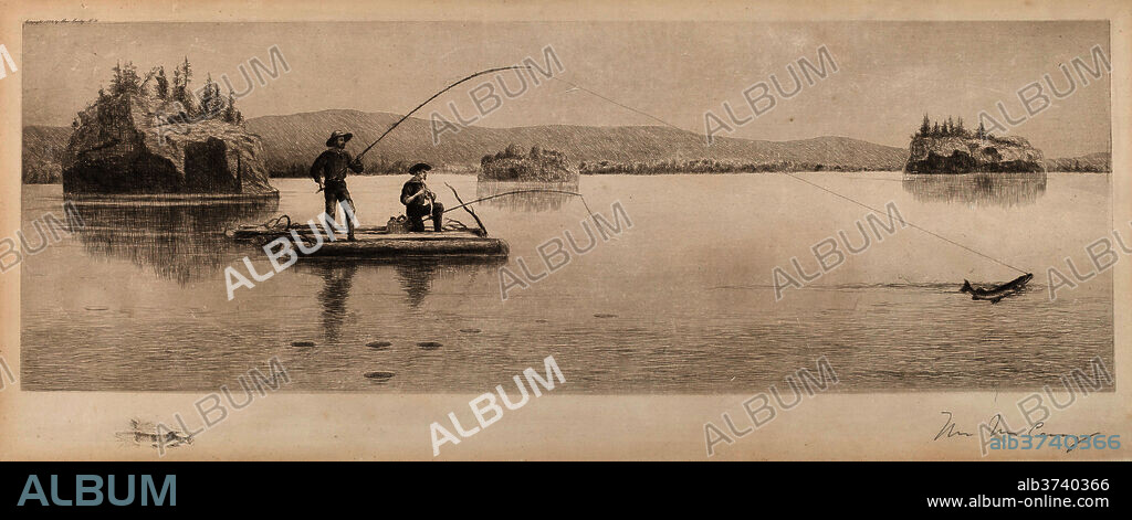WILLIAM DE LA MONTAGNE CARY. Untitled (Log Raft Fishing). Dated: 1892. Dimensions: image: 189 x 557 mm (not including remarque)  primary sheet: 252 x 616 mm  secondary sheet: 352 x 698 mm (irregular). Medium: etching.