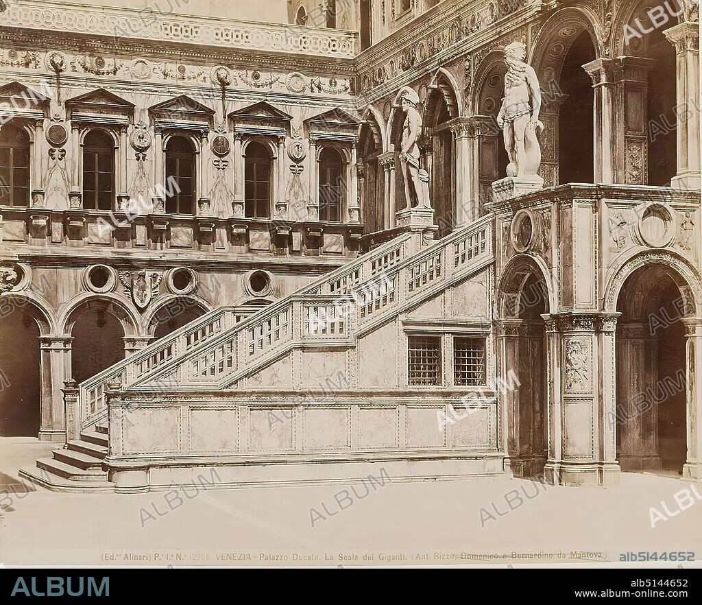 Antonio Rizzo: Scala dei Giganti, Doge's Palace, Venice, albumin paper, black and white positive process, image size: height: 19,90 cm; width: 24,90 cm, 6. VENEZIA - Palazzo Ducale. La Scala dei Giganti (Ant. Rizzo, Domenico e Bernadino da Mantova). With lead on cardboard: façade: 1520 B.C. Mars and Neptune B.C. Sansovino, architectural photography, travel photography, stairs, staircase, palace, architecture, hist. building, location, street, history of Mars (Ares), history of Neptune (Poseidon), Venice.