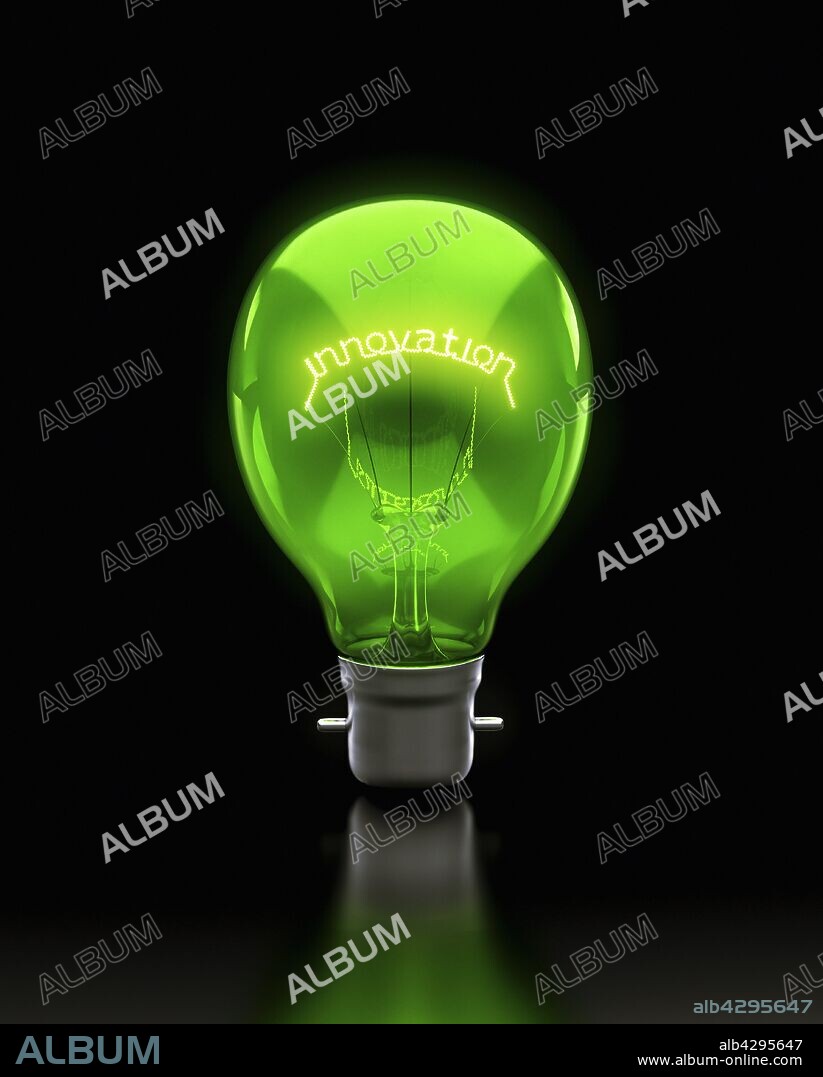 Green light bulb filament with letters that spell 'innovation'.