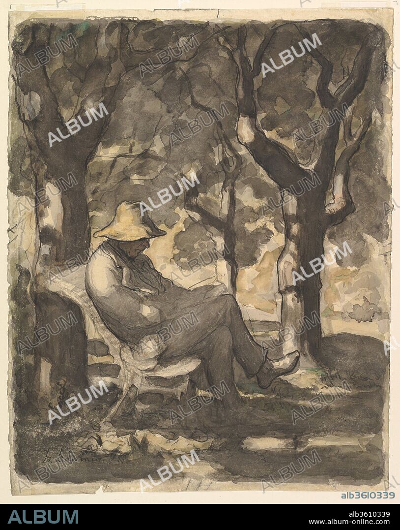 HONORE DAUMIER. A Man Reading in a Garden (recto); Preliminary sketch for a Man Reading in a Garden (verso). Artist: Honoré Daumier (French, Marseilles 1808-1879 Valmondois). Dimensions: 13 5/16 x 10 5/8 in. (33.8 x 27cm). Date: ca. 1865.
After Daumier's death, this drawing came into the hands of the Paris art dealers Boussod & Valadon, where Vincent Van Gogh's brother, Theo, worked. Vincent seems to have recalled seeing it, writing to his brother on October 22, 1882:
"I remember very well being most impressed by a drawing of Daumier's: an old man under the chestnut trees in the Champs Elysées. . . . What impressed me so much at the time was something so stout and manly in Daumier's conception, something that made me think it must be good to think and to feel like that and to overlook or ignore a multitude of things and to concentrate on what makes us sit up and think and what touches us as human beings more directly and personally than meadows or clouds.".