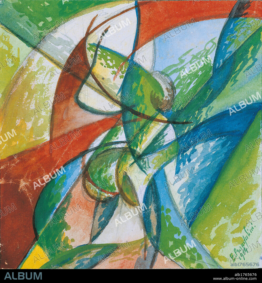 Futurist composition Dynamism of Forms, by Enrico Prampolini, 1914, 20th Century, tempera on paper, cm 21,4 x 21. Italy, Lazio, Rome, Private Collection. All. Red green blue light blue azure line.  Please remember that author's rights have to be cleared for modern and contemporary works of arts.