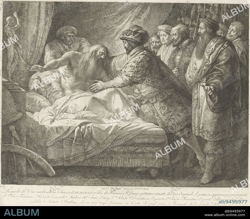 The French king Francis I stands beside the bed with the dying artist Leonardo Da Vinci. The king tries to embrace the artist. Behind the king is his retinue. Italian text in lower margin, King Francis I at the dying Leonardo da Vinci Alle glorie della pittura , print maker: Giuseppe Cades, (mentioned on object), Giuseppe Cades, (mentioned on object), Italy, 1760 - 1799, paper, etching, h 453 mm × w 553 mm.