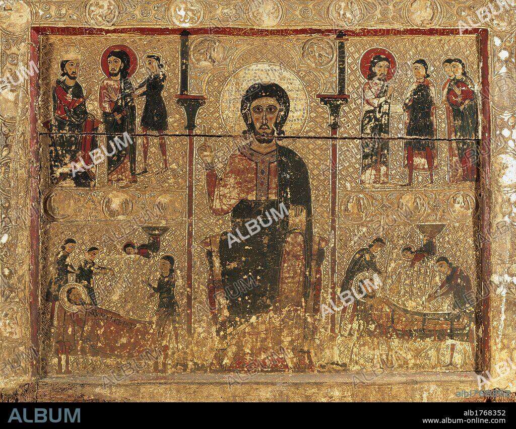 ARTE ROMANICO. ESPAÑA. S. XIII. FRONTAL DE ALTAR DE SAN VICENTE. En el centro el santo sentado en un taburete en función de trono. Pintura al temple sobre madera del siglo XIII. Tamaño 0,97 x 1,16 m. Procede de la Iglesia de San Vicente Mártir de Treserra. (Huesca). Museo Diocesano de Lleida. Cataluña.