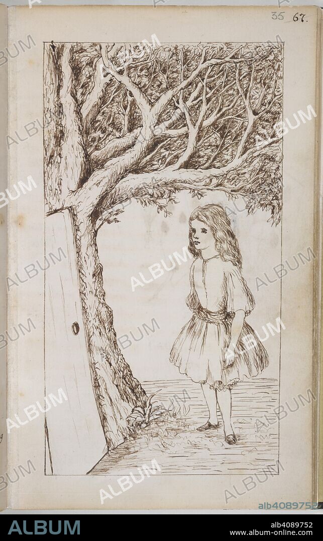 CHARLES LUTWIDGE DODGSON and DODGSON, CHARLES LUTWIDGE, PSEUD. LEWIS CARROLL. Alice at the door in the tree. Alice's Adventures Under Ground [in Wonderland]. England [Oxford]; 1862-1864. [Whole folio] Drawing from Chapter III: Alice finds a doorway in one of the trees that leads into the long hall, from where she can get into the beautiful garden  Image taken from Alice's Adventures Under Ground [in Wonderland].  Originally published/produced in England [Oxford]; 1862-1864. . Source: Add. 46700, f.35. Language: English.