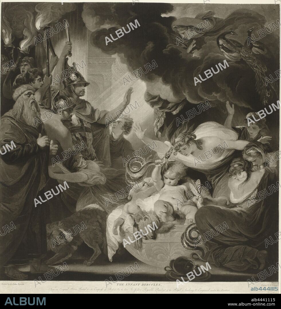 Hercules strangles the two snakes in his cradle, Hercules lies in his cradle and strangles two snakes with his bare hands. Juno, who sent the snakes, watches the miracle from a cloud, Hercules strangles two serpents in his cradle, Charles Howard Hodges (mentioned on object), England, 1793, paper, h 616 mm × w 592 mm.