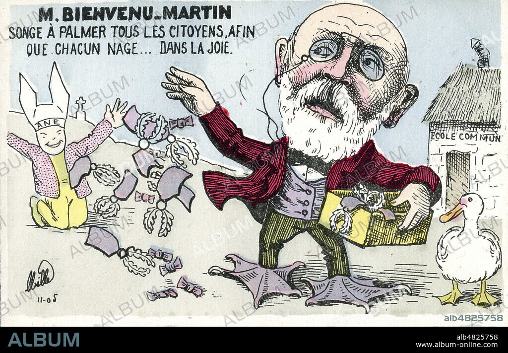 M. BIENVENU-MARTIN songe a palmer tous les cioyens, afin que chacun nage... dans la joie (Ministre de l'Instruction publique distribuant des palmes academiques). Caricature de MILLE (19-20 s.) pour une carte postale de novembre 1905. Credit : IM/Kharbine-Tapabor.