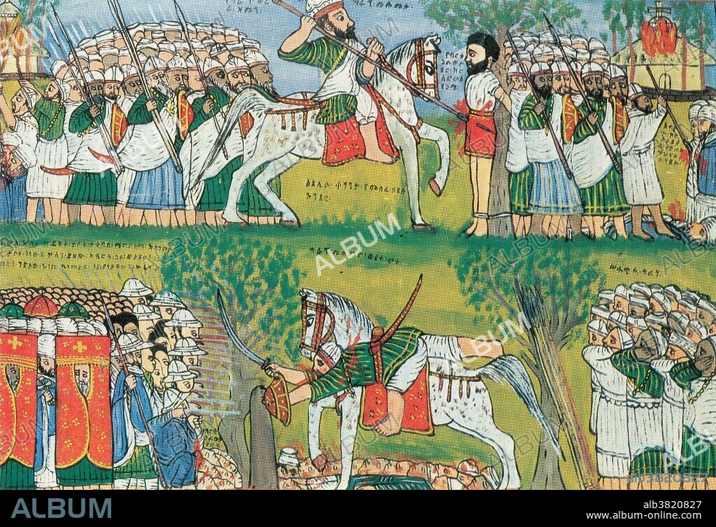 "Burning of Chuches by Muslims and the Death of Cristobal de Gama and the Fall and Death of Ahmed Ibrihim al-Ghazi (1506-43) Shot by a Portuguese Musketeer." Wooden panel painted by Kegneketa Jemlieri Hailu of Gondar, circa 1900. Christopher de Gama (1515 - August 29, 1542) was a Portuguese military officer who led the Portuguese army in the crusade waged in Ethiopia, between 1541 and 1543, against the Muslim army of Ahmad ibn Ibrihim al-Ghazi. He merged victorious in four battles against superior forces, but was defeated in the final, after which he was captured and executed. Ahmad ibn Ibrahim al-Ghazi (c. 1506/7 - February 21, 1543) was a Somali Imam and General of Adal who invaded Ethiopia and defeated several Ethiopian emperors. He brought three-quarters of Ethiopia under the power of the Muslim Sultanate during the Ethiopian-Adal War from 1529-43. Imam was killed by a Portuguese musketeer, who was mortally wounded in avenging da Gama's death.