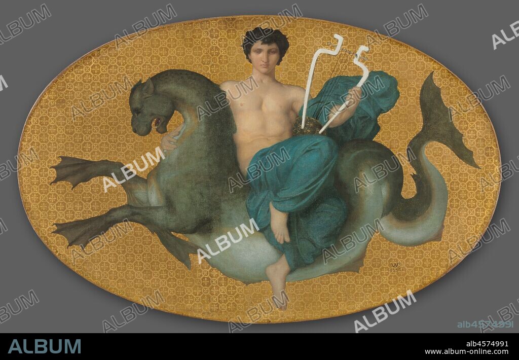 Arion on a Sea Horse and Bacchante on a Panther (pair), 1855. These paintings are from a series of eight works that Bouguereau painted for a Parisian home decorated in the style inspired by ancient Roman wall paintings found at Pompeii. The ancient Greek poet Arion escaped pirates by fleeing on the back of a sea creature attracted by the poet's singing. In the companion picture, a bacchante, a female follower of the Roman god Bacchus, rides a panther and carries a pinecone-tipped spear called a thyrsus. The figures are silhouetted against a gold honeycomb-patterned background evoking ancient Roman mosaics Bouguereau had studied in Italy. The soft, waxy flesh tones and glimmering gold leaf were calculated to come to life when viewed under the mansion's gas lighting.