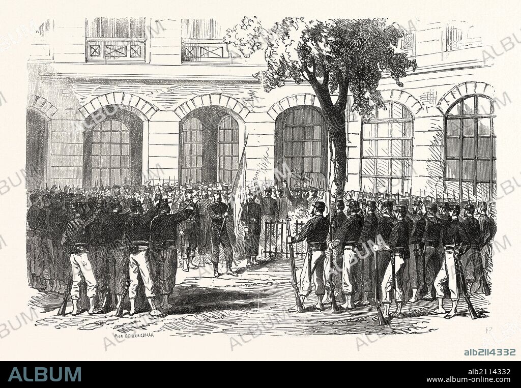 Franco-Prussian War: francs-tireurs of Paris pledge allegiance to their commander Aronsohn and to the flag, to conquer or die. France.