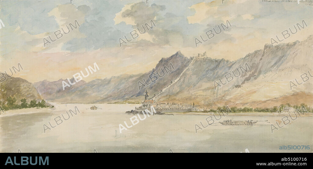 View of Dürrenstein, Charles Gore, 17291807, British, undated, Watercolor with pen and gray ink over graphite on moderately thick, slightly textured, cream laid paper, Sheet: 7 3/8 x 15 inches (18.7 x 38.1 cm), boats, castle, church, cityscape, Grand Tour, lake, landscape, mountains, oars, wall, Dolomites, Dürrenstein, Europe, Italy, South Tyrol, Trentino-Alto Adige.