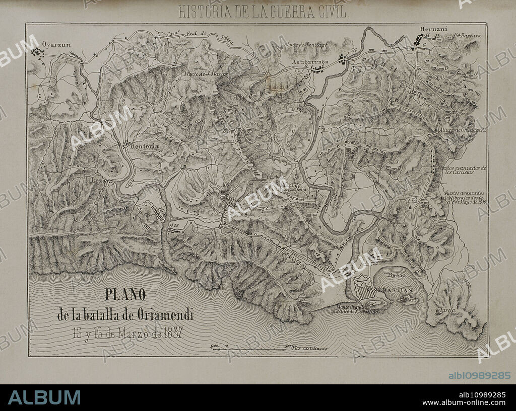 History of Spain. First Carlist War (1833-1840). Plan of the Battle of Oriamendi (15 and 16 March 1837). The Carlist troops, under the command of the Infante Sebastian (1811-1875), defeated the Liberal army, which had been joined by the British Auxiliary Legion. Engraving. "Historia de la guerra civil y de los partidos liberal y carlista" (History of the Civil War and the Liberal and Carlist parties), by Antonio Pirala. Volume IV. Madrid, 1869.