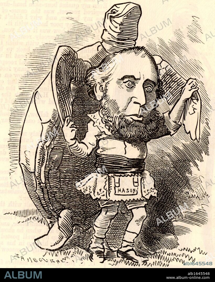 John Ellis, elected Lord Mayor of London, wearing the apron of a Freemason and dancing with a turtle. Turtle soup is a traditional dish at the Lord Mayor's annual banquet. Cartoon by Edward Linley Sambourne in the Punch's Fancy Portraits series from "Punch" (London, 12 November 1881).  (Photo by: Universal History Archive/UIG via Getty Images).