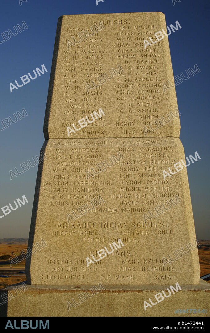Little Bighorn Battlefield National Monument. Memorial to the Battle of the Little Bighorn (June 25-26, 1876), which engaged combined forces of the Lakota, Northern Cheyenne, and Arapaho tribes, who defeated the five companies of the U.S. Army's 7th Cavalry Regiment under Custer's command. Obelisk at the top of the hill. State of Montana. United States.