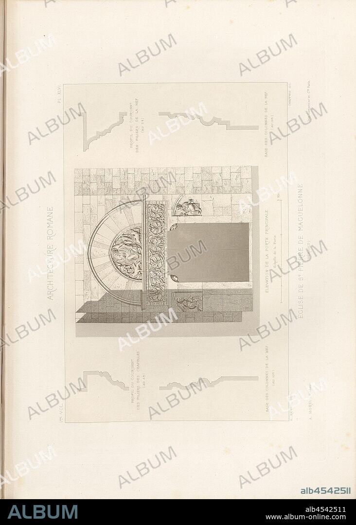 St. Peter's Church of Maguelonne Hérault 3, Details of the cathedral and abbey Saint-Pierre-et-Saint-Paul de Maguelone on the island of Maguelone, signed: H. Revoil del, Chappuis sc, A. Morel éditeur, Fig. 60, Pl. XLVI, to p. 50, Revoil, Henry (del.); Chappuis (sc.); Morel, A. (éditeur), Henry Revoil: Architecture romane du Midi de la France: dessinée, mesurée et décrite. Bd. 1. Paris: Vve A. Morel & Cie, Libraires-Editeurs, MDCCC LXXIII. [1873].