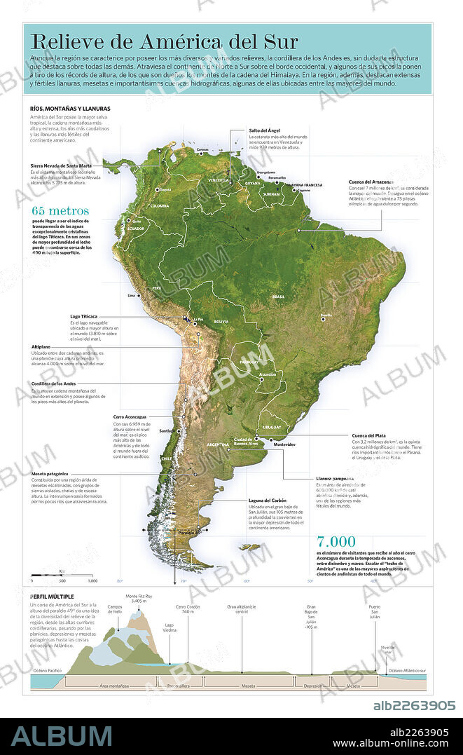 Relieve de América del Sur. Infografía de las características del relieve de América del Sur.