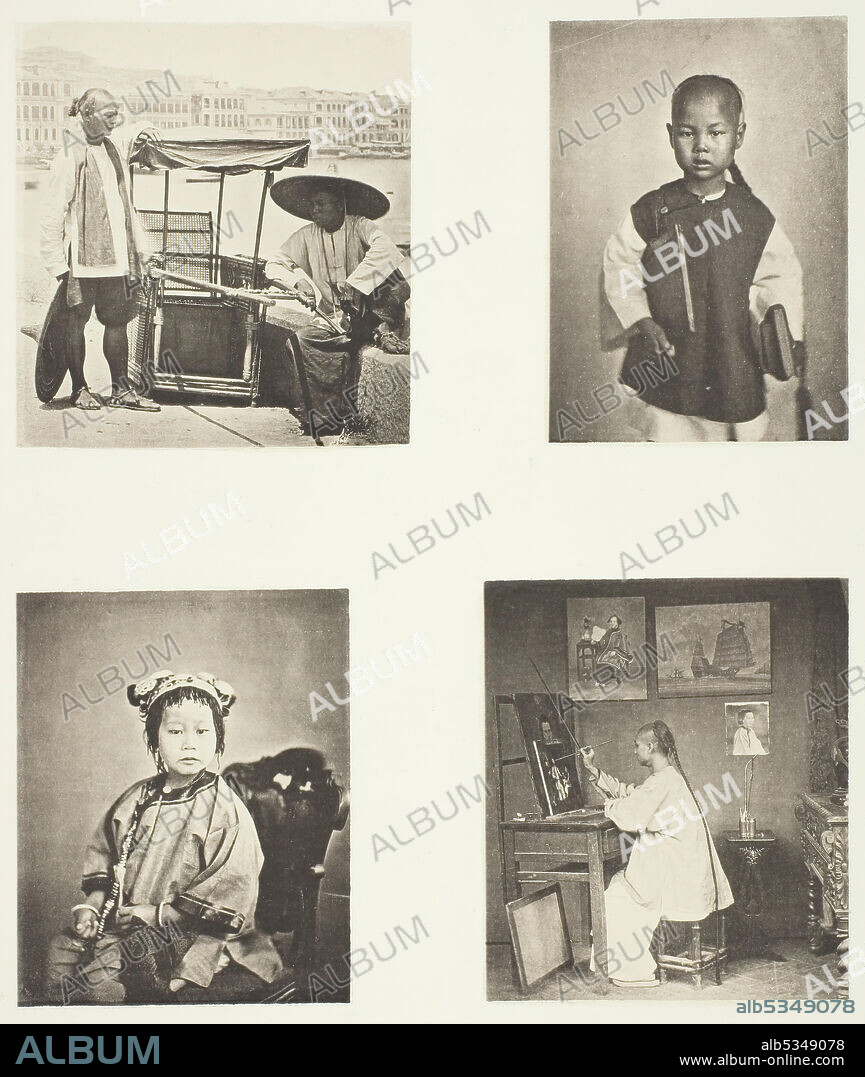 JOHN THOMSON. A Hong-Kong Sedan Chair; A Chineses School-Boy; A Chinese Girl; A Hong-Kong Artist, c. 1868. A work made of collotype, pl. iv from the album "illustrations of china and its people, volume i" (1873).