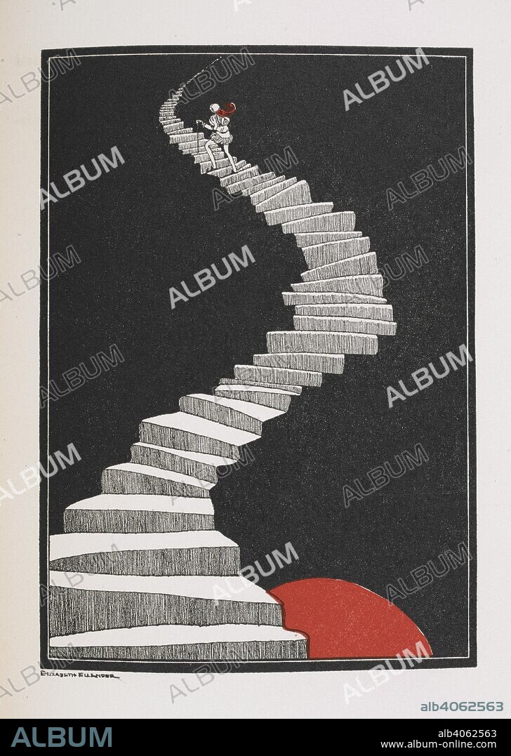 HANS CHRISTIAN ANDERSEN and KATHERINE BEVERLEY. A figure walking up a staircase.  Illustration for the fourth story, 'the prince and princess.'. The snow queen / Hans Christian Andersen ; drawings by Katharine Beverley and Elizabeth Ellender. New York, N.Y. : E.P. Dutton, c1929. Source: YD.2004.b.454 opposite page 108.