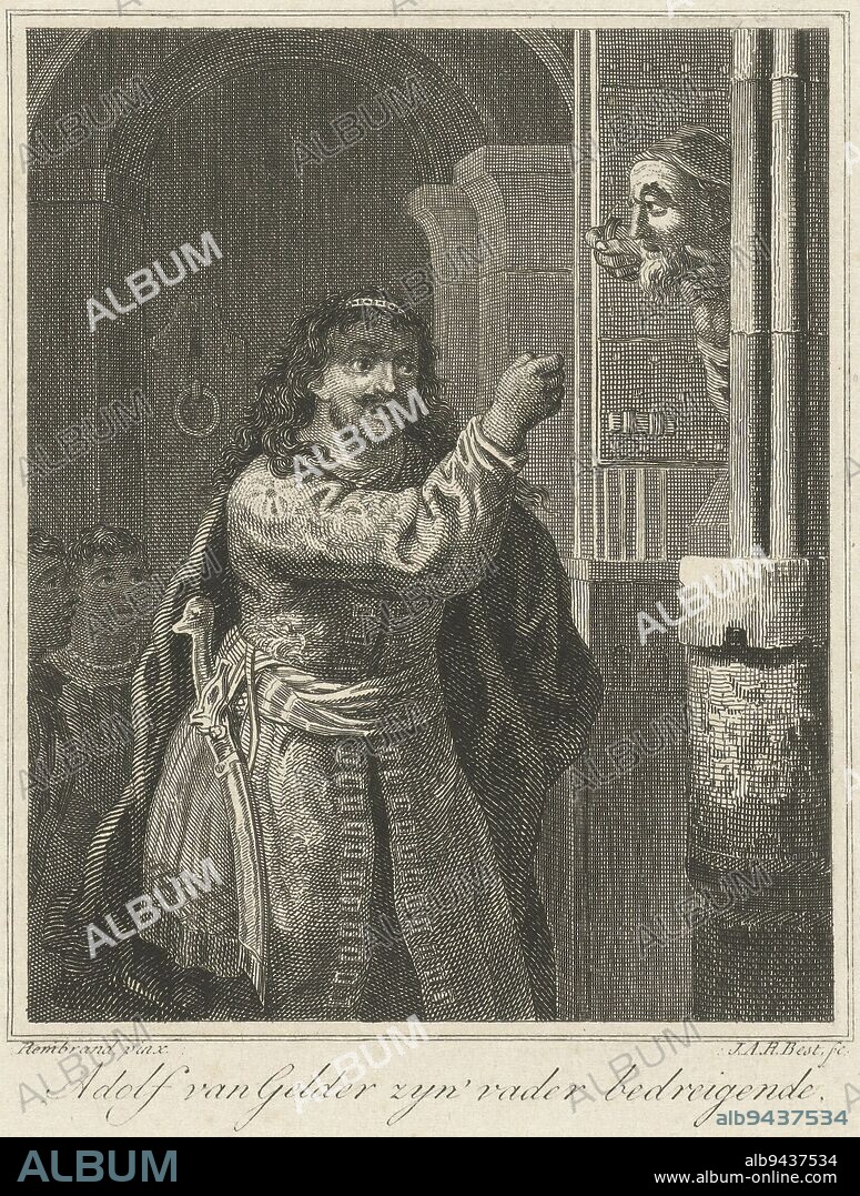 Adolf van Gelder threatening his father, Johannes Alexander Rudolf Best, after Rembrandt van Rijn, 1807 - 1855, print maker: Johannes Alexander Rudolf Best, (mentioned on object), after: Rembrandt van Rijn, (mentioned on object), Amsterdam, 1807 - 1855, paper, etching, h 159 mm × w 131 mm.