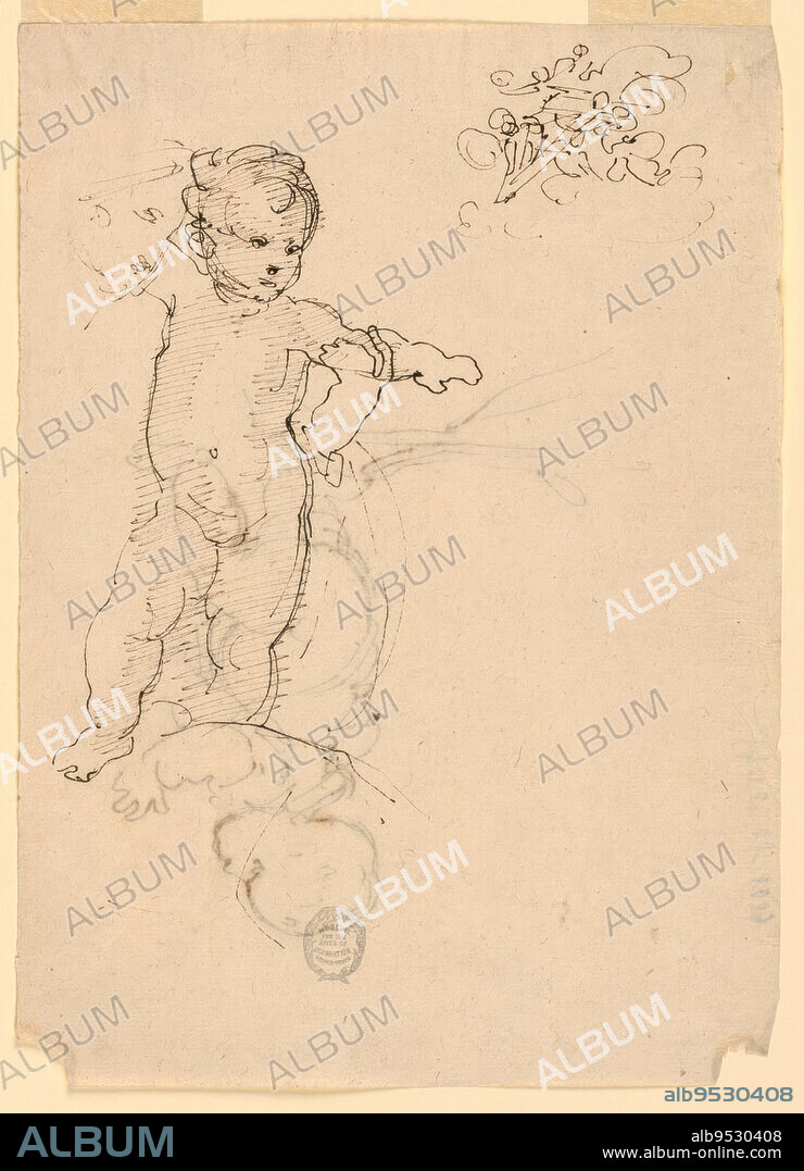 FORTUNATO DURANTI. One side: the Child is standing in the lap of the Virgin who supports his extended left arm; he puts his right arm around her neck. Above, at right, is the cross motif. Other side, in opposite direction: Saint John as a boy, kneeling toward the left. pen and ink on paper. Date: 1820-1850.