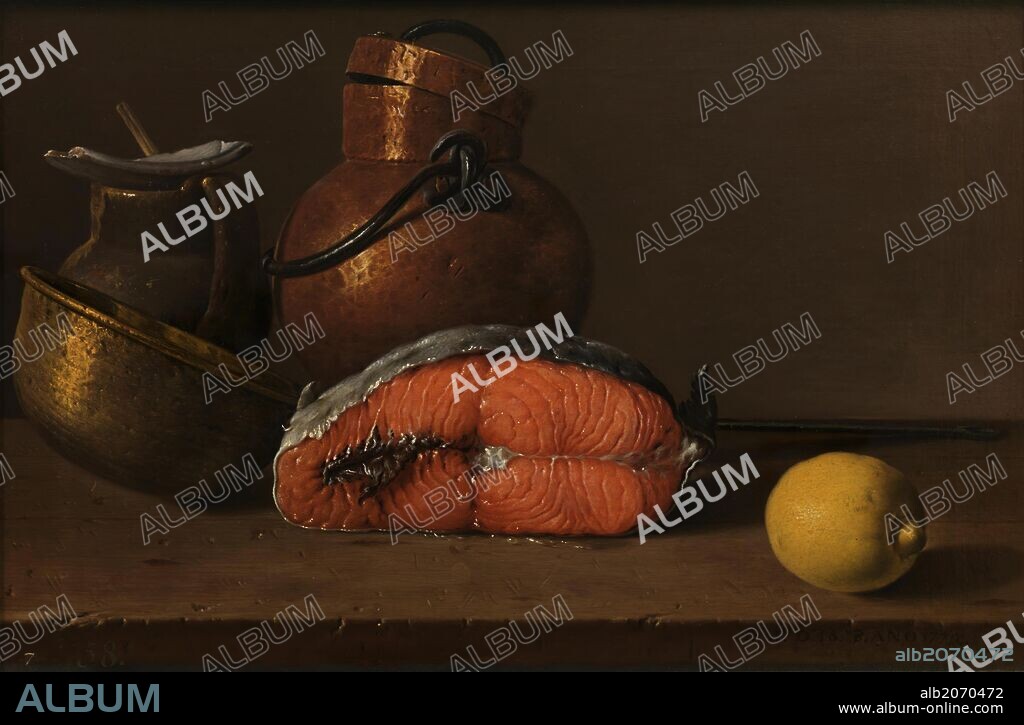 LUIS MELÉNDEZ. Luis Egidio Meléndez / 'Bodegón con salmón, limón y recipientes', 1772, Escuela Española, Óleo sobre Lienzo, 41 cm x 62,2 cm, P00902.