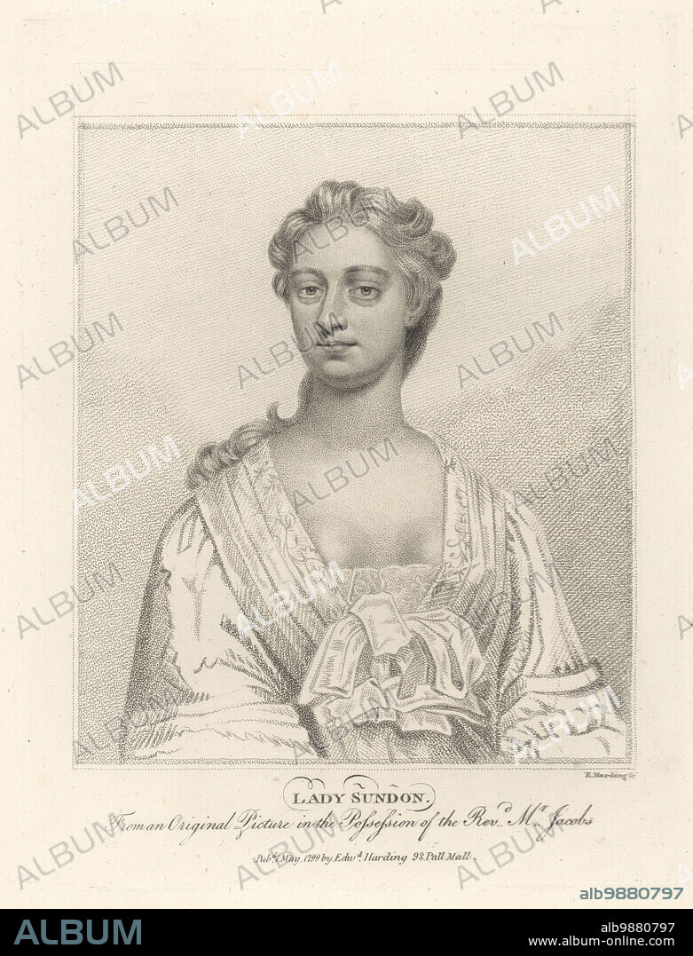 Charlotte Clayton, Baroness Sundon, c.1679-1742. British lady in waiting, bedchamber woman and influential favourite of queen regent Caroline. Wife of William Clayton, 1st Baron Sundon of Ardagh. Lady Sundon. Copperplate engraving by Edward Harding from John Adolphus The British Cabinet, containing Portraits of Illustrious Personages, printed by T. Bensley for E. Harding, 98 Pall Mall, London, 1800.