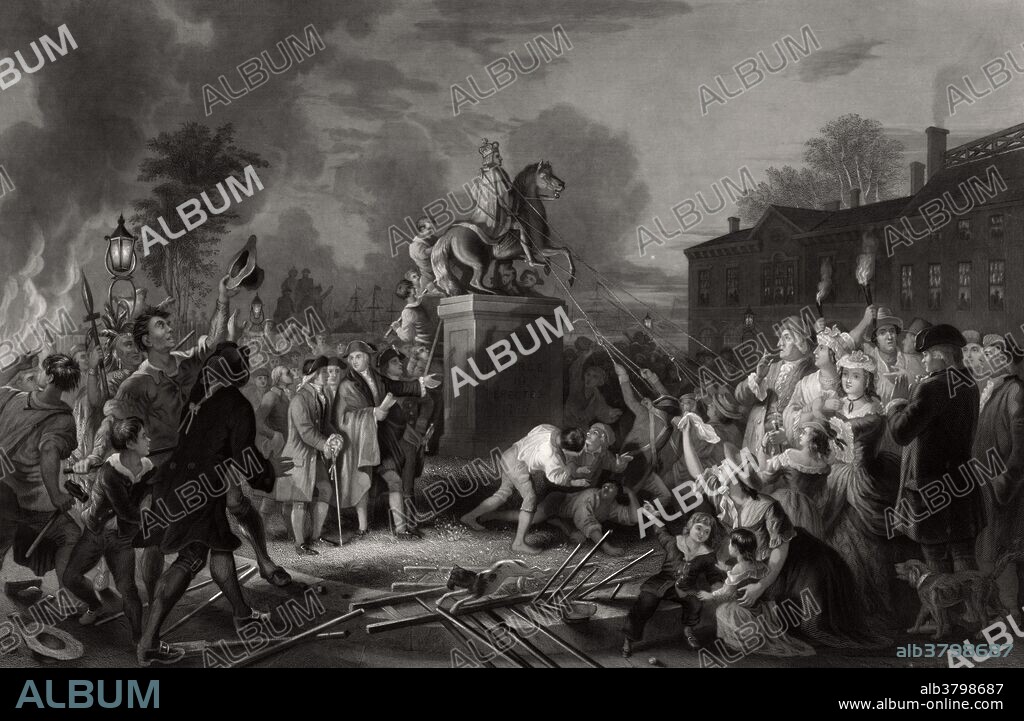 Engraving entitled: Pulling down the statue of George III by the "Sons of Freedom," at the Bowling Green, City of New York, July 1776. This is a romanticized, Victorian-era print with historical inaccuracies: the sculpture is depicted in 1850s garb, and Native Americans, women and children are at the scene. On July 9, 1776, after the Declaration of Independence was read to Washington's troops at the current site of City Hall, local Sons of Liberty rushed down Broadway to Bowling Green, where they toppled the statue. The fence post finials of cast-iron crowns on the protective fence were sawed off, with the saw marks still visible today. The event is one of the most enduring images in the New York City's history. Built in 1733, Bowling Green is the city's oldest public park; it is still surrounded by its original 18th century fence. Bowling Green Fence and Park is listed on the U.S. National Register of Historic Places.