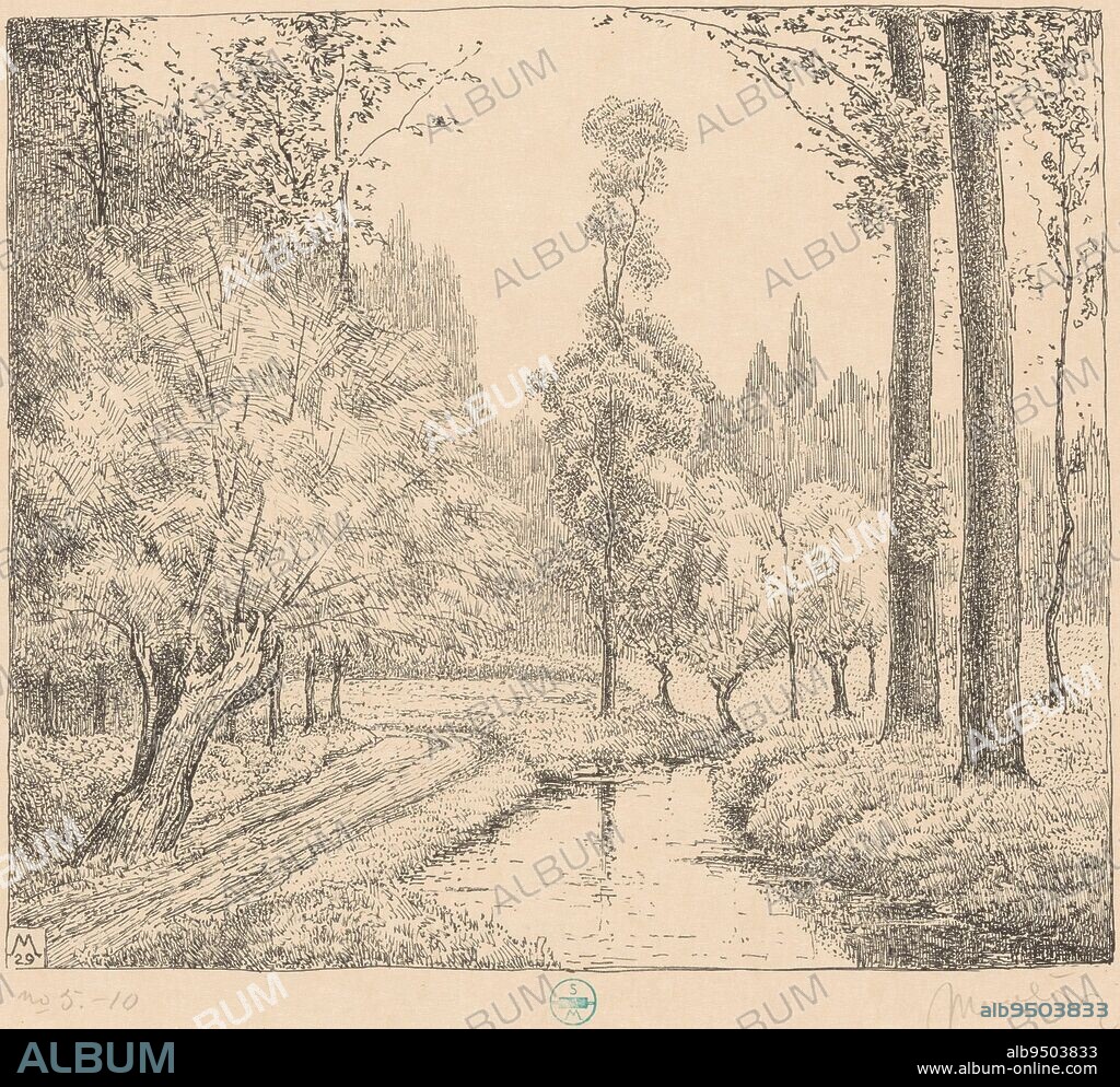 Park with water and trees, Simon Moulijn, 1929, On the left is a pollard willow on a path., print maker: Simon Moulijn, (signed by artist), 1929, paper, h 212 mm × w 238 mm.