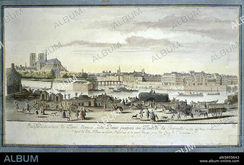 View of Paris with the Seine River from Notre Dame Cathedral up to the Pont de la Turnelle. Etching; 1770.