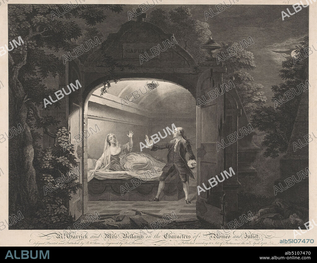 Mr. Garrick and Miss Bellamy in the Characters of Romeo and Juliet, Simon Francois Ravenet, 17211774, French, active in Britain, after Benjamin Wilson, 17211788, British, Published by Benjamin Wilson, 17211788, British, 1753, Line engraving and etching on moderately thick, moderately textured, cream laid paper, Sheet: 16 7/8 x 21 5/8 inches (42.9 x 55 cm) and Image: 15 5/16 x 20 3/8 inches (38.9 x 51.8 cm), arch, bed, breeches, cenotaphs, clouds, coats, costume, cross (object), dead, doors, dress, gesture, literary theme, lovers, mausoleum, men, moon, night, performance, plays by William Shakespeare, romance, Romeo and Juliet, Act V, Scene III, ruffle, science, sheets, surprise, swords, theater (discipline), tomb, tragedy, vial, vines, wig, woman.